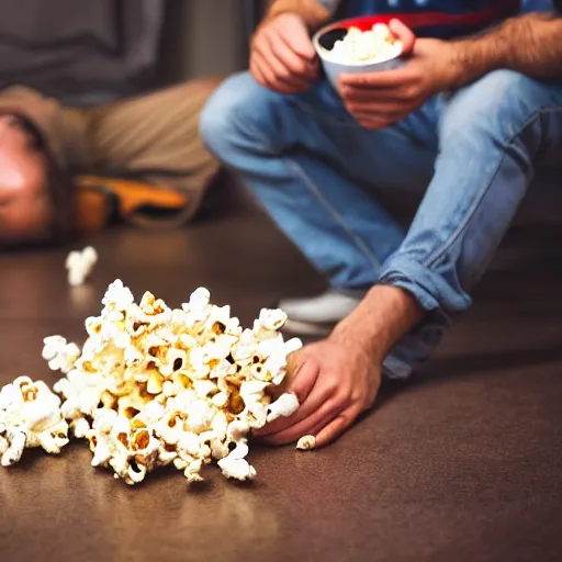 Image similar to photo of a man eating popcorn, another man on the floor with a broken back, another man on the floor vomiting all over himself, and another man breaking the roof
