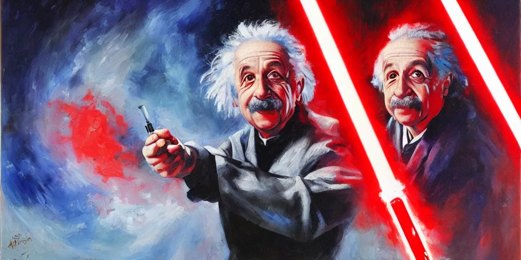 Prompt: Albert Einstein fighting with a red lightsaber, striking lighting, oil painting
