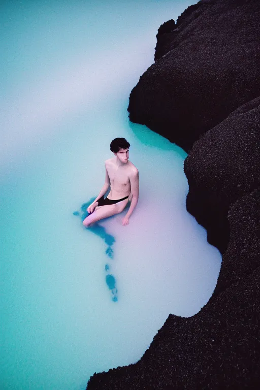 Prompt: high quality pastel coloured film mid angle docu photograph of a beautiful young 2 0 year old male, soft features, short black hair, wearing coat, falling into in an icelandic black rock pool environment. atmospheric. three point light. photographic. art directed. ( pastel colours ). volumetric light. clearcoat. waves glitch. 8 k. filmic.