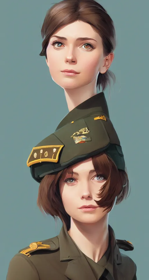 Image similar to portrait of young woman with light brown shoulder length hair and hazel eyes dressed in a sharp dark teal military uniform, smiling, ilya kuvshinov, svetlana tigai, greg rutkowski, loish, artgerm, digital painting, concept art