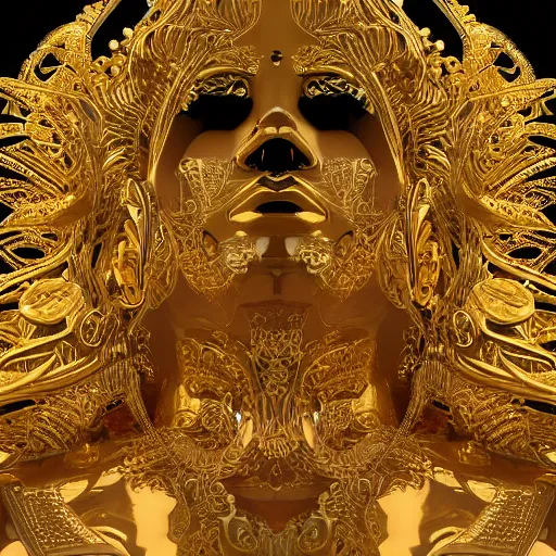 Prompt: epic deatailed golden statue of the King, surrounded by intricate gold lace metalwork on a black smokey background, close up face, modern art, trending on Artstation