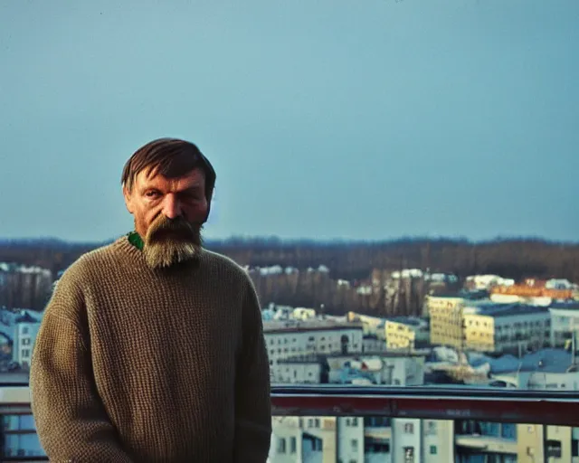 Image similar to award - winning lomographic tarkovsky film still of 4 0 years russian man with beard and sweater standing on small hrushevka 9 th floor balcony in taiga looking at sunset, kodak ektar, bokeh