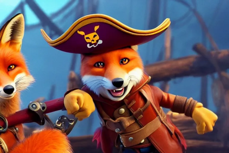 Prompt: promotional image of a fox as a pirate captain in the new pixar movie, very detailed face, movie still frame, promotional image, imax 70 mm footage