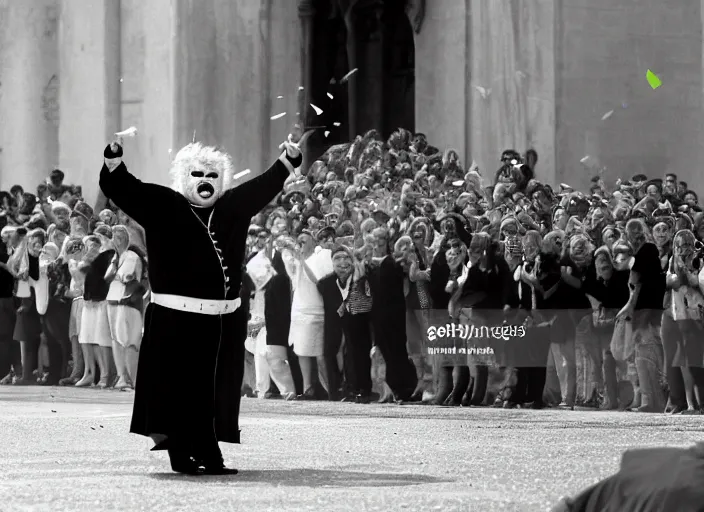 Image similar to photo still of rip taylor at the popes funeral!!!!!!!! at age 5 4 years old 5 4 years of age!!!!!!! throwing confetti from a bucket at the grave, 8 k, 8 5 mm f 1. 8, studio lighting, rim light, right side key light