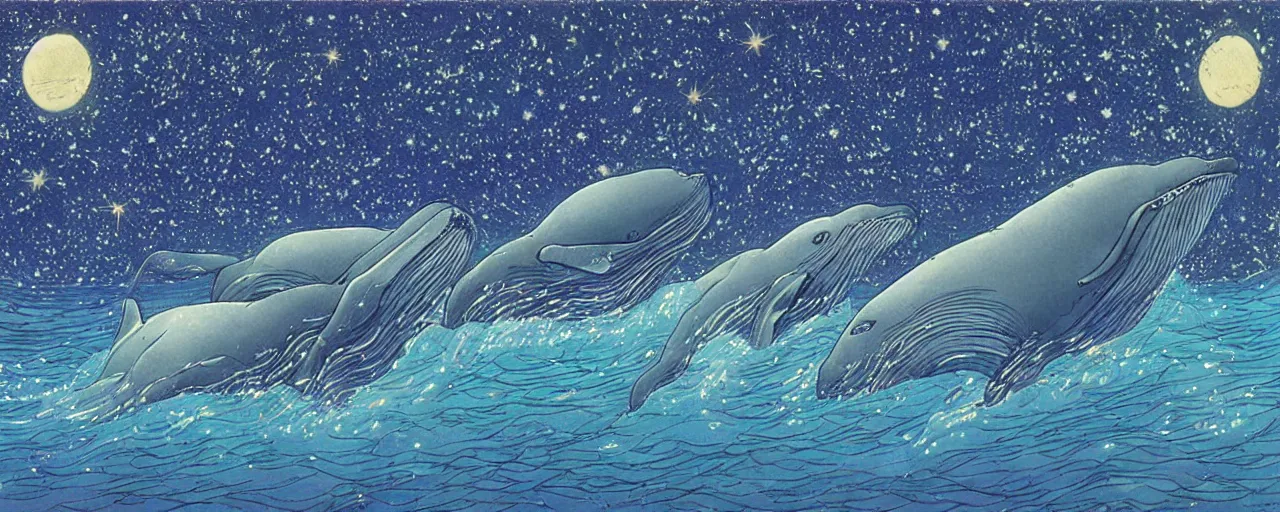 Prompt: ” big beautiful whales swimming in the shining starry sky painted by moebius. ”