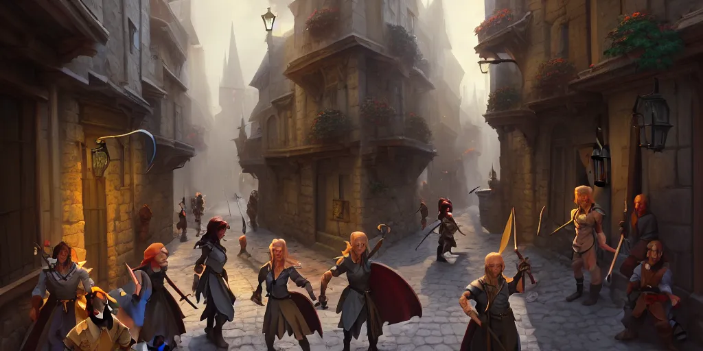 Image similar to an exciting fantasy street battle within a fascinating old city, photo-real characters, narrow streets, old buildings, by Sylvain Sarrailh, cinematic, simple but effective composition, clean lines, beautiful digital painting, oil painting, ultra photo-real render, great character design, dungeons and dragons, lord of the rings, close up characters, fantasy races