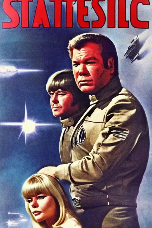 Image similar to a poster of battlestar galactica from 1 9 6 6, starring william shatner