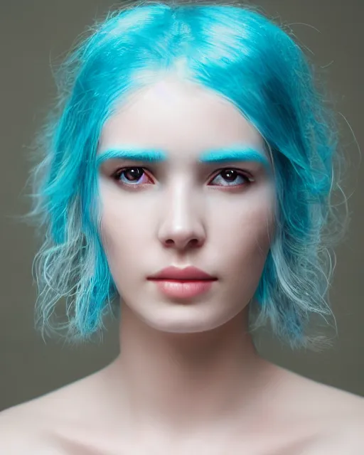 Image similar to natural light, soft focus portrait of an android with soft synthetic blue skin, bioluminescent plastics, smooth shiny metal, elaborate head piece, piercings, skin textures, by annie liebovotz,