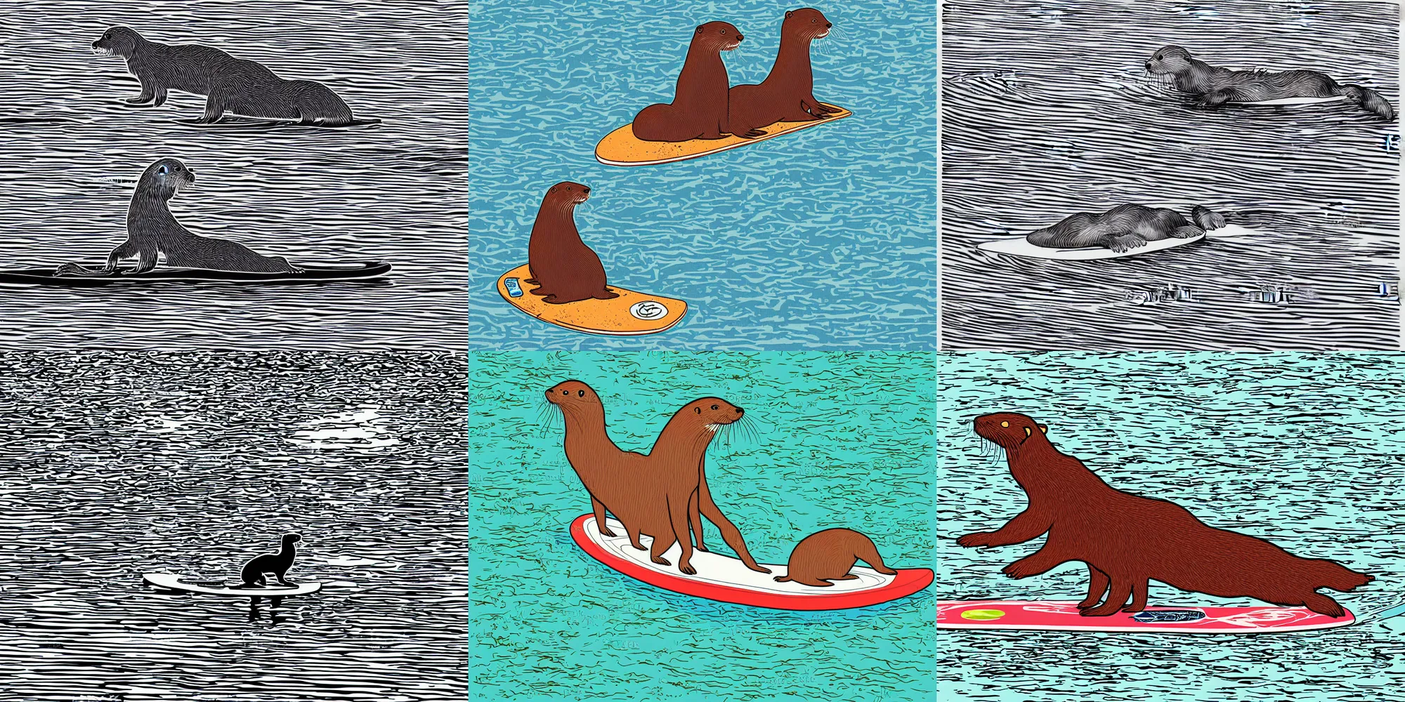 Prompt: vector art illustration of an Otter on a Stand Up Paddle Board, 4 color print, 1970s