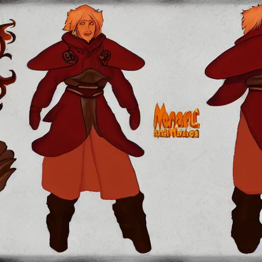 Image similar to character reference sheet of a fire mage