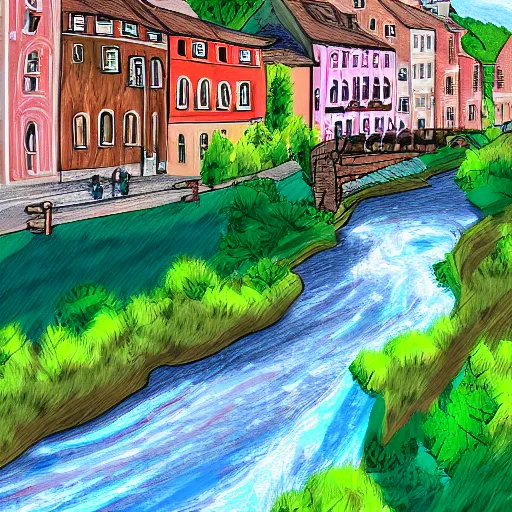 Image similar to digital art painting of a river running through a european town, very mediocre, not detailed at all.