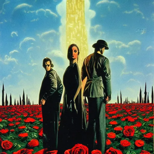 Prompt: the dark tower in a field of roses, surrealism, cosmic western, masterpiece oil painting, science fiction movie poster, 1 9 7 5