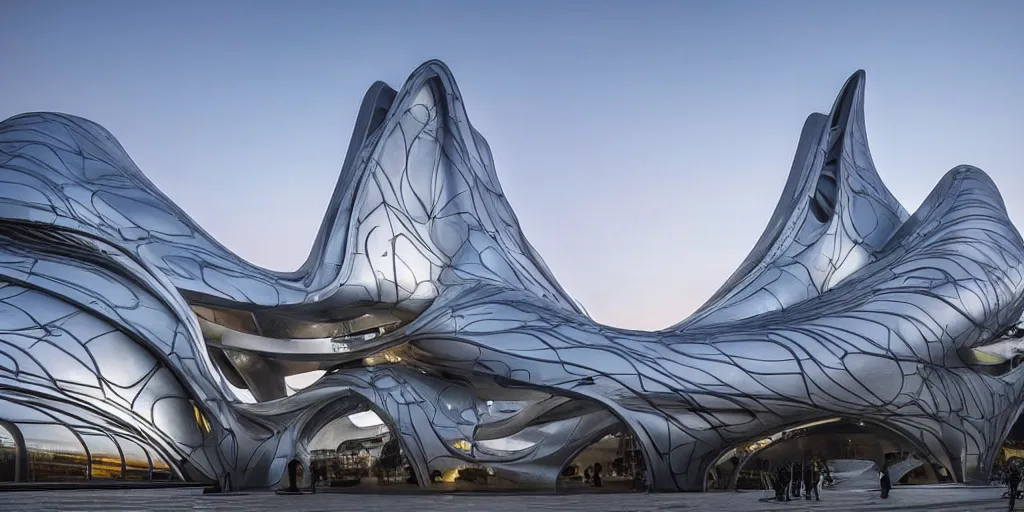 Image similar to extremely detailed ornate stunning sophisticated beautiful elegant futuristic museum exterior by Zaha Hadid, Milan buildings in the background, smooth curvilinear design, stunning volumetric light, stainless steal, concrete, translucent material, beautiful sunset, tail lights