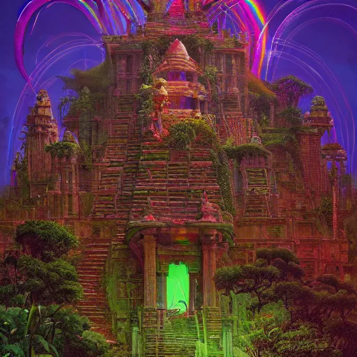 Image similar to overgrown jain temple of death with glowing mayan rainbow skulls, by michael whelan and moebius and beeple and kilian eng and dan mcpharlin and pascal blanche and jamie hewlett and richard dadd, symmetrical, magical stormy reflections, smoke on water, 8 k hi - res, acid, metropolis disco laser rays