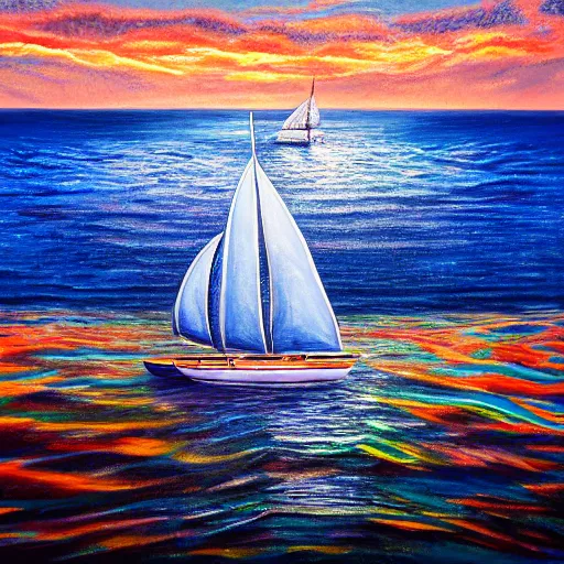 Image similar to a painting of a sailboat floating in the ocean, an ultrafine detailed painting by alice mason, shutterstock contest winner, metaphysical painting, detailed painting, airbrush art, made of crystals