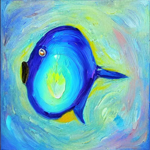 Prompt: surreal painterly front - facing view of a blue fish with big eyes, vibrant impasto framed oil painting,