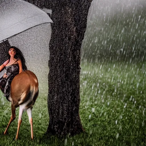Image similar to 4 k hdr wide angle detailed portrait of a beautiful instagram model woman riding on top of a wild buck deer in a rain shower during a storm with thunder clouds overhead and moody stormy lighting sony a 7