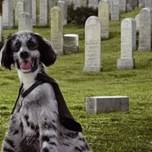 Image similar to The movie still from Tim Burton movie featuring a cat and a dog and a cemetery