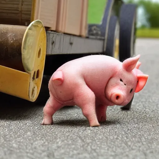 Prompt: photo of : a tough old fat trucker has a small piglet between his legs and he is twisting the piglet, in front of his semi - truck.
