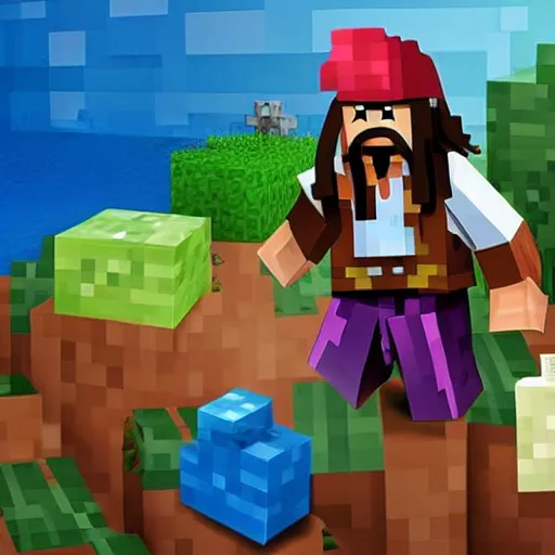 Prompt: Jack Sparrow andando na prancha de um barquinho de papel num mar de slime com o vários clones do mal do resendeevil do Minecraft boiando. E quem tá fazendo ele andar da prancha é o Bob esponja