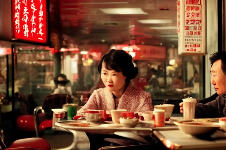 Prompt: movie interior closeup beautiful Chinese couple closeup sitting and talking at 50s diner, night in the city, beautiful skin, by Emmanuel Lubezki