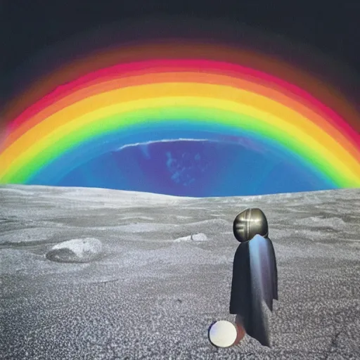 Prompt: a dark side of the moon with a rainbow, a hologram by Storm Thorgerson, tumblr, holography, 1970s, 1990s, ps1 graphics