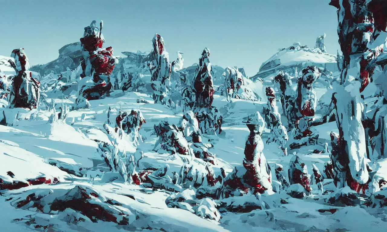 Prompt: frozen wasteland on an alien planet with distant green and red trees by Syd Mead, Federico Pelat