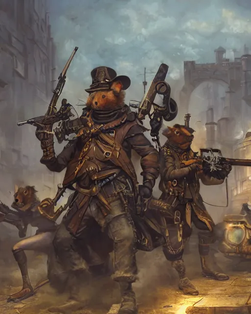 Prompt: oil painting of anthropomorphized hamster legion holding rifles, steampunk clothes, steampunk city background, sharp focus, fantasy style, octane render, volumetric lighting, 8k high definition, by greg rutkowski, highly detailed, trending on art Station, dungeons and dragons artwork, centered