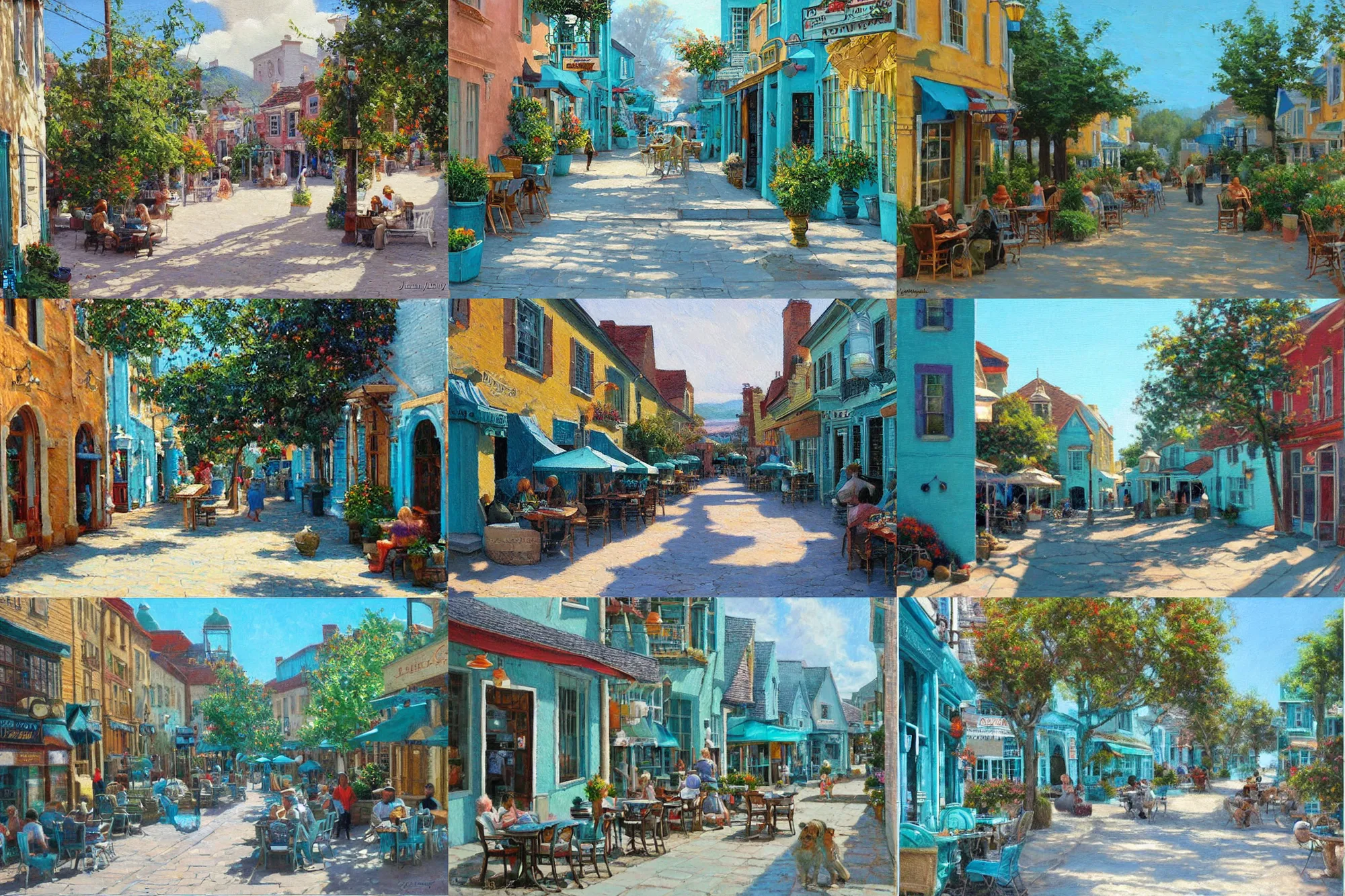 Prompt: street of teal stone, sunlight and whimsical houses, cafe tables, painting by james gurney