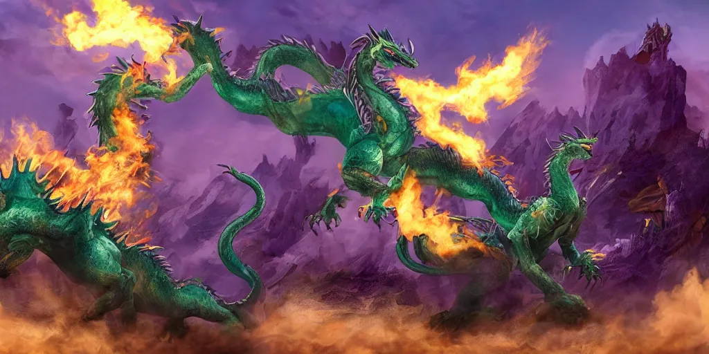 Prompt: an eighteen foot tall dragon with one green head one grey head one blue head one purple head and one gold head breathing fire from its purple head and attacking a small town in the middle of the desert