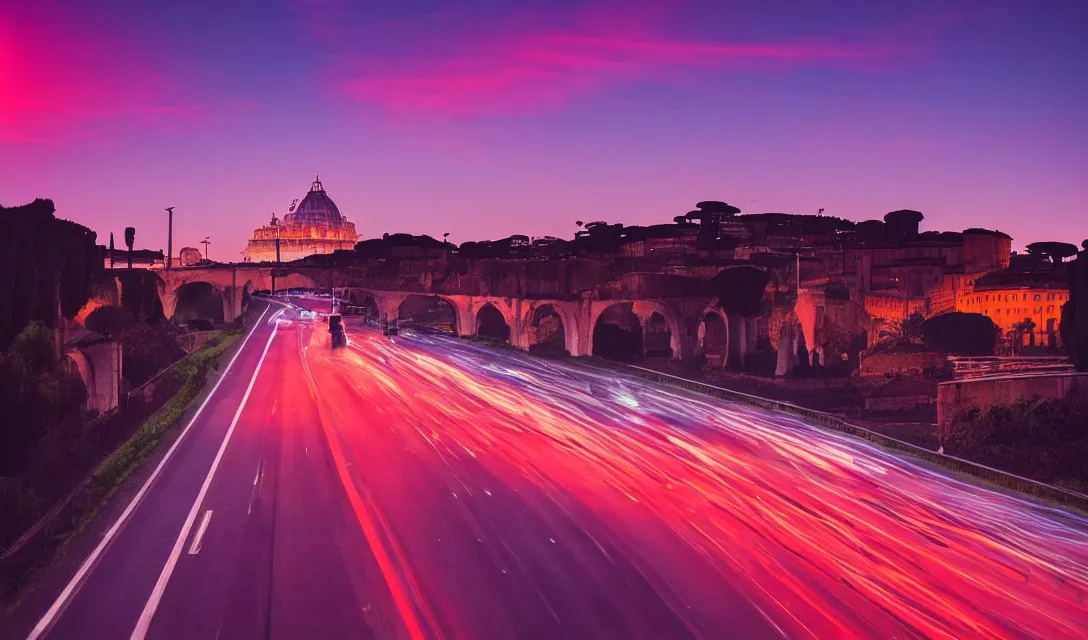 Prompt: a highway passing through Rome at dusk, by Kavinsky, retro futuristic, outrun, retrowave cityscape