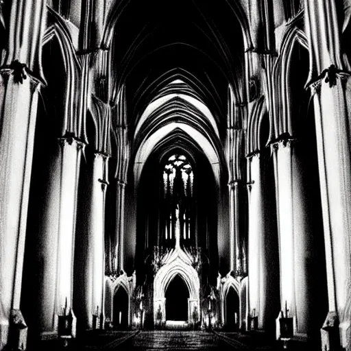 Image similar to a beautiful gothic girl inside a dark gothic cathedral illuminated by candles, impressive scene. grainy and rough. black and white colour scheme. beautiful artistic detailed digital art