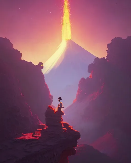 Image similar to highly detailed surreal vfx portrait of a sacred volcano, stephen bliss, unreal engine, greg rutkowski, loish, rhads, beeple, makoto shinkai and lois van baarle, ilya kuvshinov, rossdraws, tom bagshaw, alphonse mucha, global illumination, detailed and intricate environment