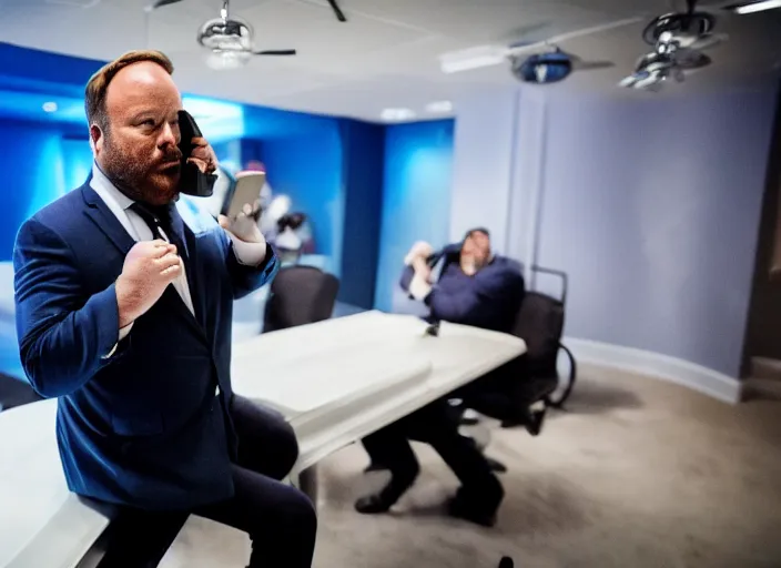 Image similar to dslr photo still of infowars host alex jones in a blue suit fat beard and mustache sitting depressed in a room filled to the ceiling with cell phones, 5 2 mm f 5. 6