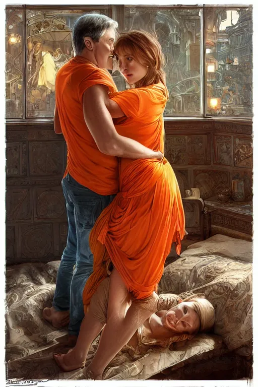 Image similar to portrait of tinfoil hat man in orange t - shirt hugging from behind his wife in a bed, feelings, romantic, fantasy, intricate, elegant, highly detailed, digital painting, artstation, concept art, smooth, sharp focus, illustration, art by artgerm and greg rutkowski and alphonse mucha