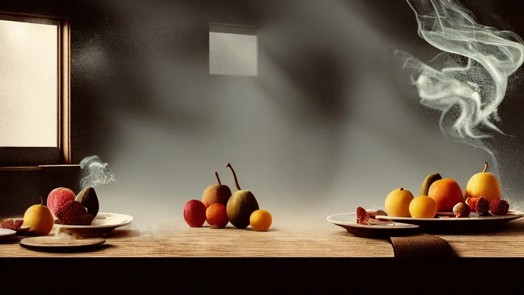 Image similar to we’re all made up stars theme, various fruits on a ornated porcelain plate on a wooden intricated table, ancien abandoned kitchen, detailed, photorealism, autumn rays of light come from the window, diffuse light, smoky background, fluid coloured smoke, octane render