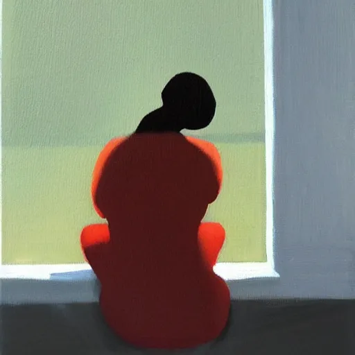 Image similar to woman sitting by the window waiting for someone, low key acrylic painting, stunning masterpiece by a very talented artist , very beautiful