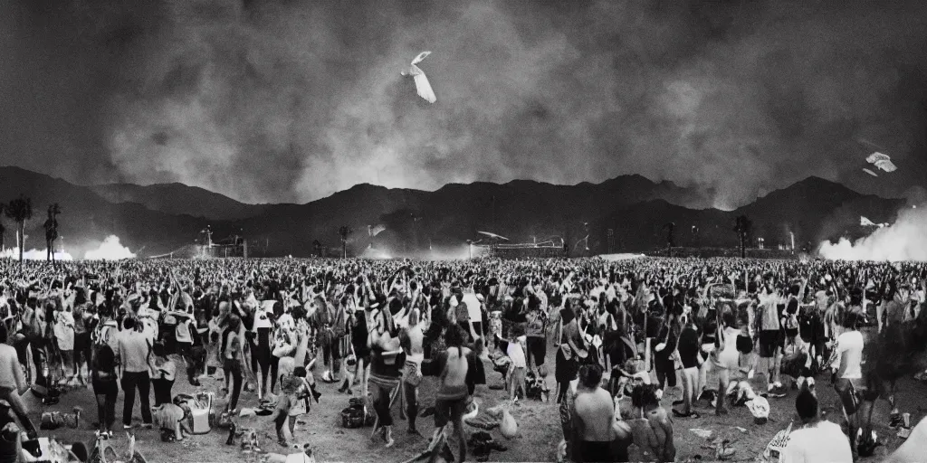 Image similar to realistic cinematic views of a orwellian coachella with fires in the background and dead seagulls falling from the sky in front of the main stage, realistic, cinematic, newspaper, dramatic lighting, depth of field background by victor mosquera, misty, terror glow, pop art style, 3 5 mm film grain