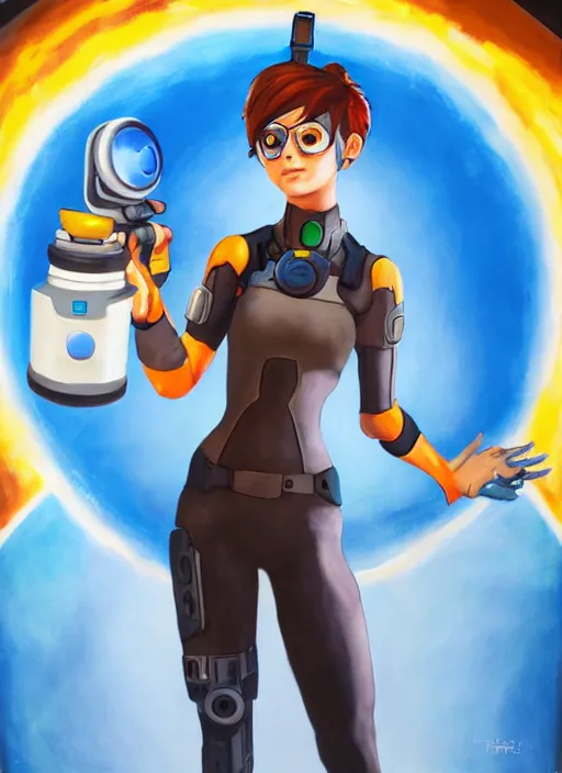 Image similar to full body oil painting of the character tracer holding a portal gun standing in a portal 2 test chamber, valve,