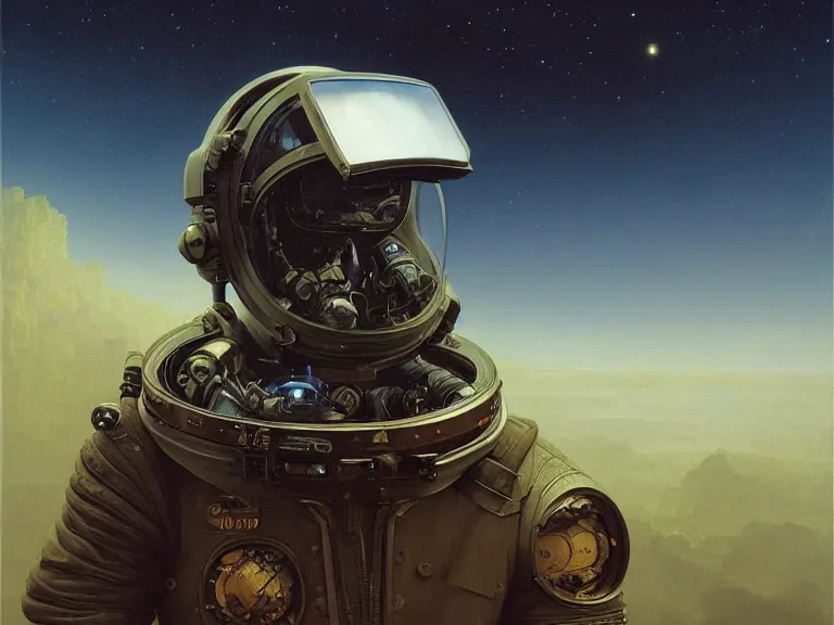 Prompt: a detailed profile oil painting of pilot in a spacesuit with reflective visor, flight suit, portrait symmetrical and science fiction dieselpunk theme with aurora lighting by beksinski carl spitzweg and tuomas korpi. baroque elements, full-length view. baroque element. intricate artwork by caravaggio. Trending on artstation. 8k