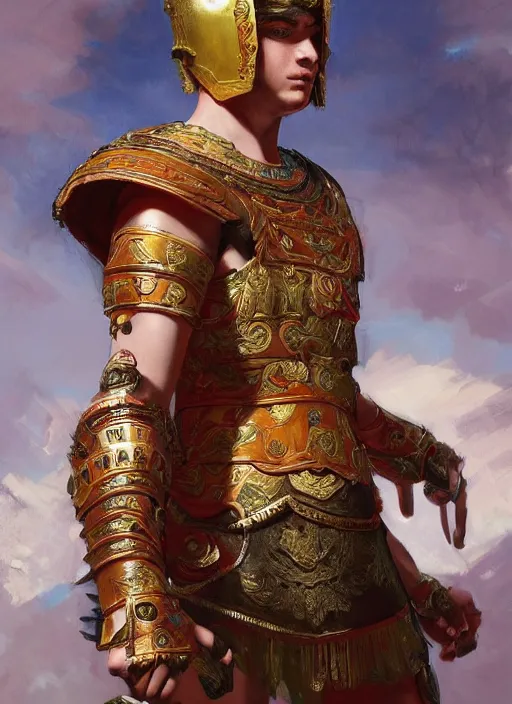 Image similar to portrait of an ancient roman character in incredible rich ornate armor, by ilya kuvshinov, by thomas lawrence, by bayard wu, trending on artstation, masterpiece