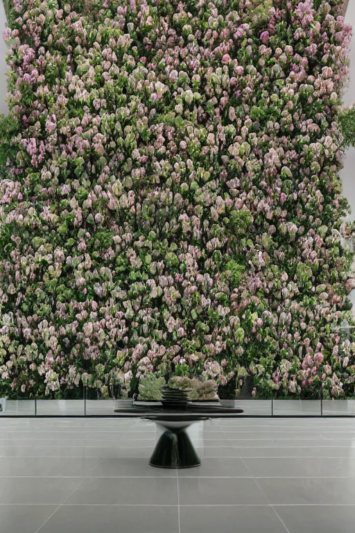 Prompt: Medium Format Portrait Photo of a modern architectural interior made of mirrors with many beautiful plants and flowers. award winning, highly detailed, depth of field, Cinestill 800t, wide shot, photo print.