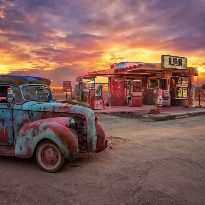 Image similar to a sunset light landscape with historical route 6 6, lots of sparkling details and sun ray ’ s, blinding backlight, smoke, volumetric lighting, colorful, octane, 3 5 mm, abandoned gas station, old rusty pickup - truck, beautiful epic colored reflections, very colorful heavenly, softlight