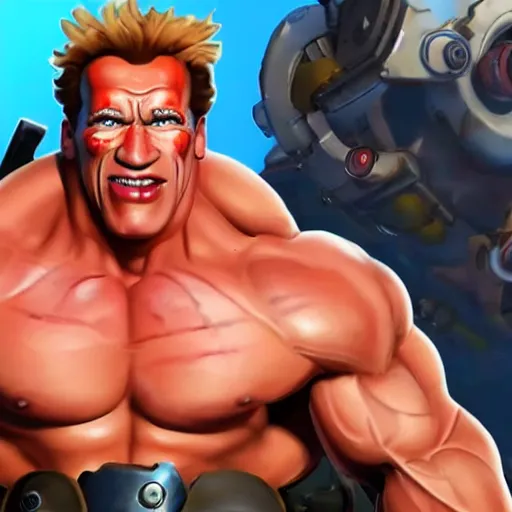 Image similar to a screenshot of arnold schwarzenegger as junkrat in overwatch