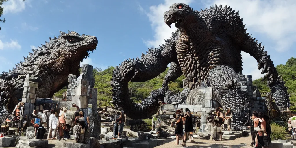 Image similar to a gigantis temple devoted to godzilla, stone carving ancient, worshipers bring offerings