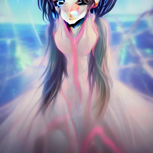 Prompt: a teenage anime android girl wearing a very high intricate detailed dress made out of water standing in a crystal clear lake with a neon lit futuristic city in the background::full body::very long black + red hair::left eye is yellow + right eye is glowing red::heterochromatic eyes::intense stare::cinematic lighting::medium shot::MCU::trending on artstation::CSP + Photoshop::WLOP + Rossdraws + James Jean + Andrei Riabovitchev + Marc Simonetti + Anastasia Ovchinnikova + Véronique Meignaud + BEN MAIER + Sakimichan