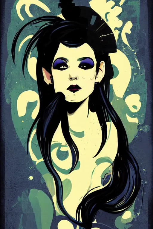 Prompt: vector style the abstract painting of an image of a lady artistic flat illustration, goth punk minimal figure art, soft colors mono chromatic, art in the style of Ross Tran and Greg Rutkowski and Alphonse Mucha