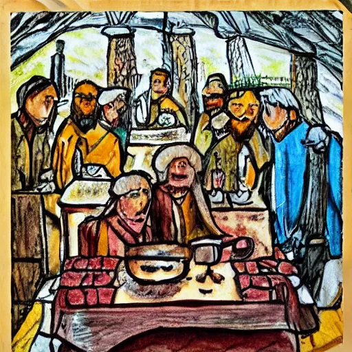 Image similar to last supper, drawn by a 5 year old detailed, sketh