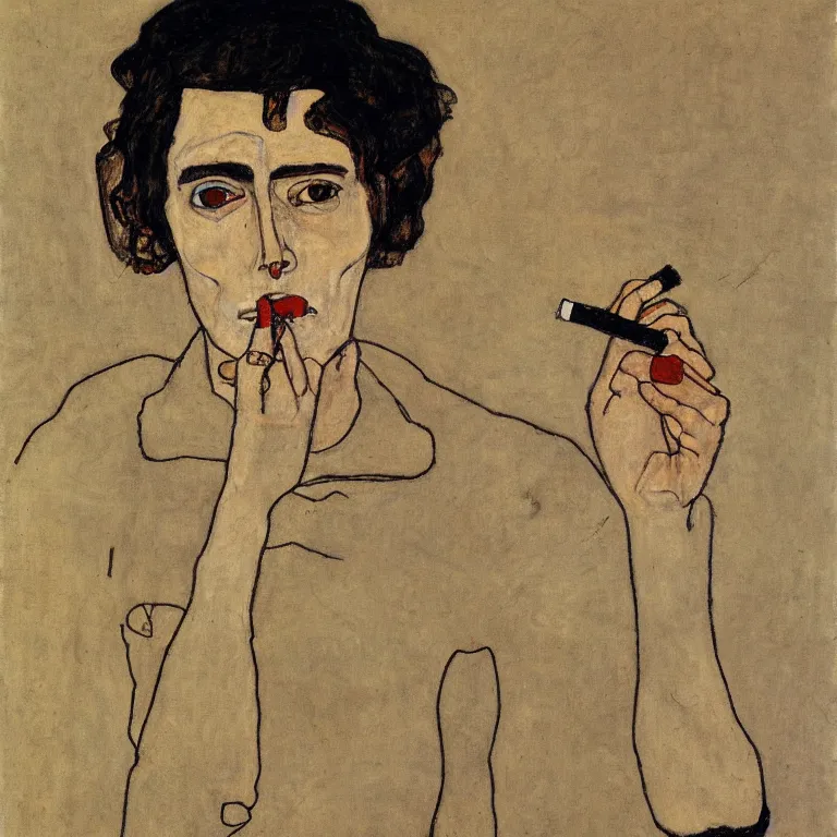 Image similar to portrait of a loner smoking a cigarette by egon schiele