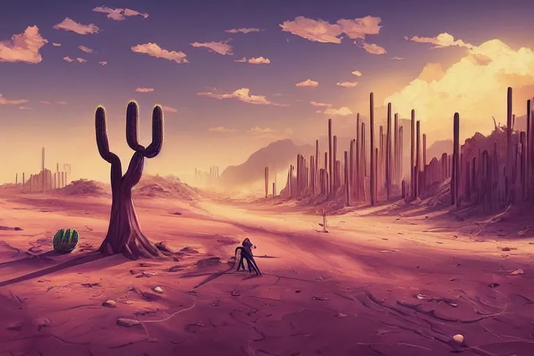 Image similar to a photo of a dystopian desert with loots of Cacti, sandy colours, sandy green, sandy, sandy beige, sobbing sad black silhouette of a person!, cantered, by Cyril Rolando!!!!!!, trending on DeviantArt, desolated, dark, 8k resolution, rendered in Zbrush